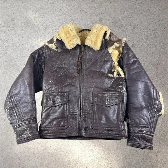 VINTAGE US Navy M445-A Leather Jacket 36 London Biker Patches Ton Up Pirates - Picture 2 of 10